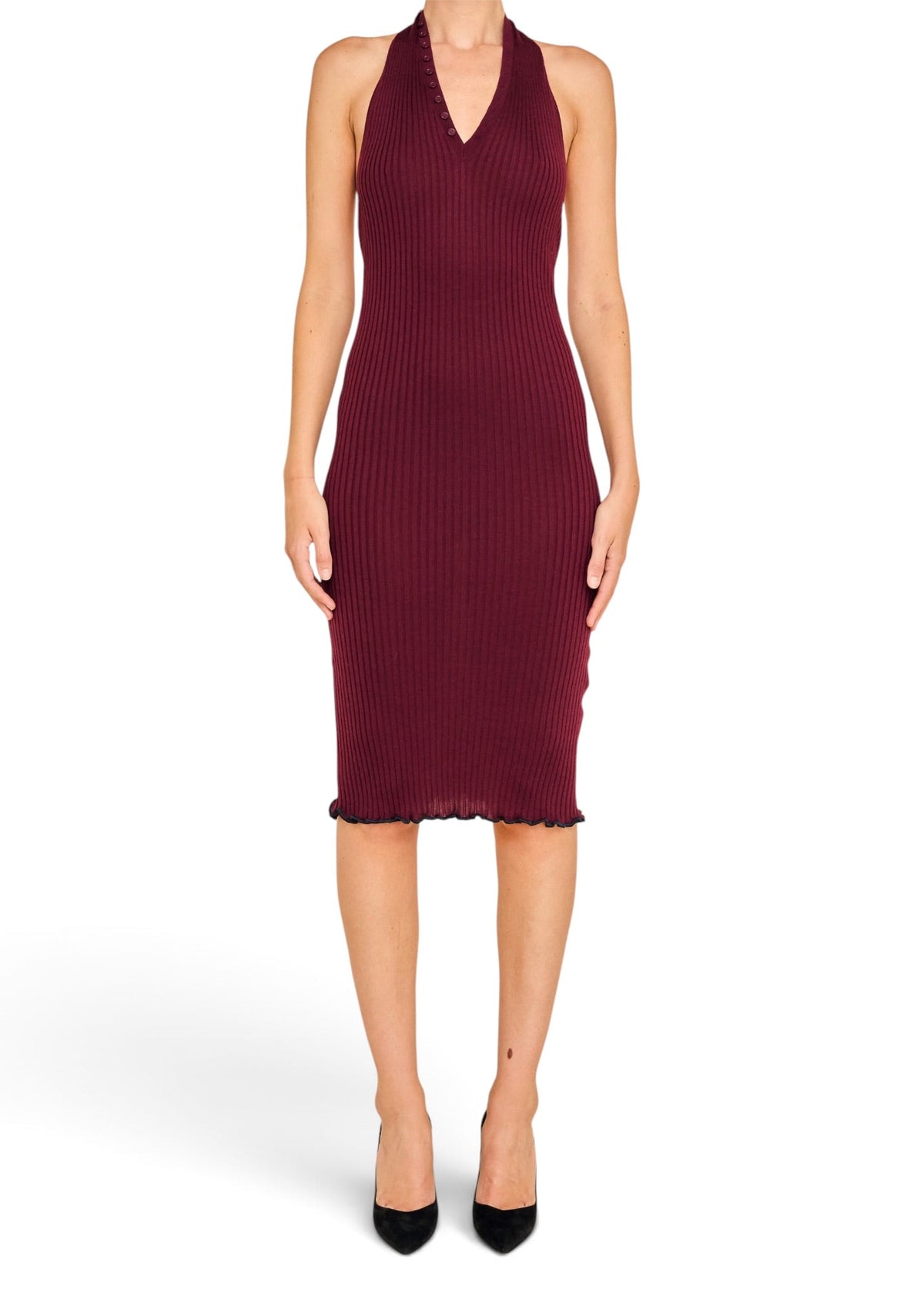 Lost Labels Bottega Veneta burgundy ribbed halter-neck midi dress with a fitted silhouette and lettuce-edge hem.