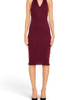 Lost Labels Bottega Veneta burgundy ribbed halter-neck midi dress with a fitted silhouette and lettuce-edge hem.