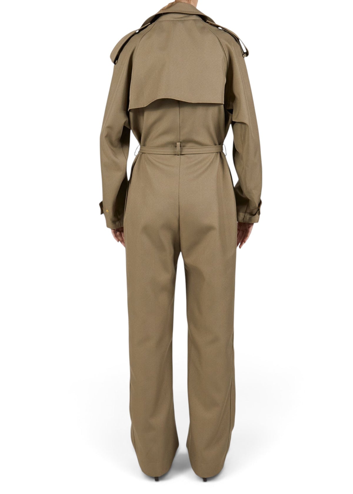 Lost Labels Bottega Veneta khaki polyester jumpsuit with trench coat style back flap and belted waist, back view