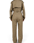 Lost Labels Bottega Veneta khaki polyester jumpsuit with trench coat style back flap and belted waist, back view