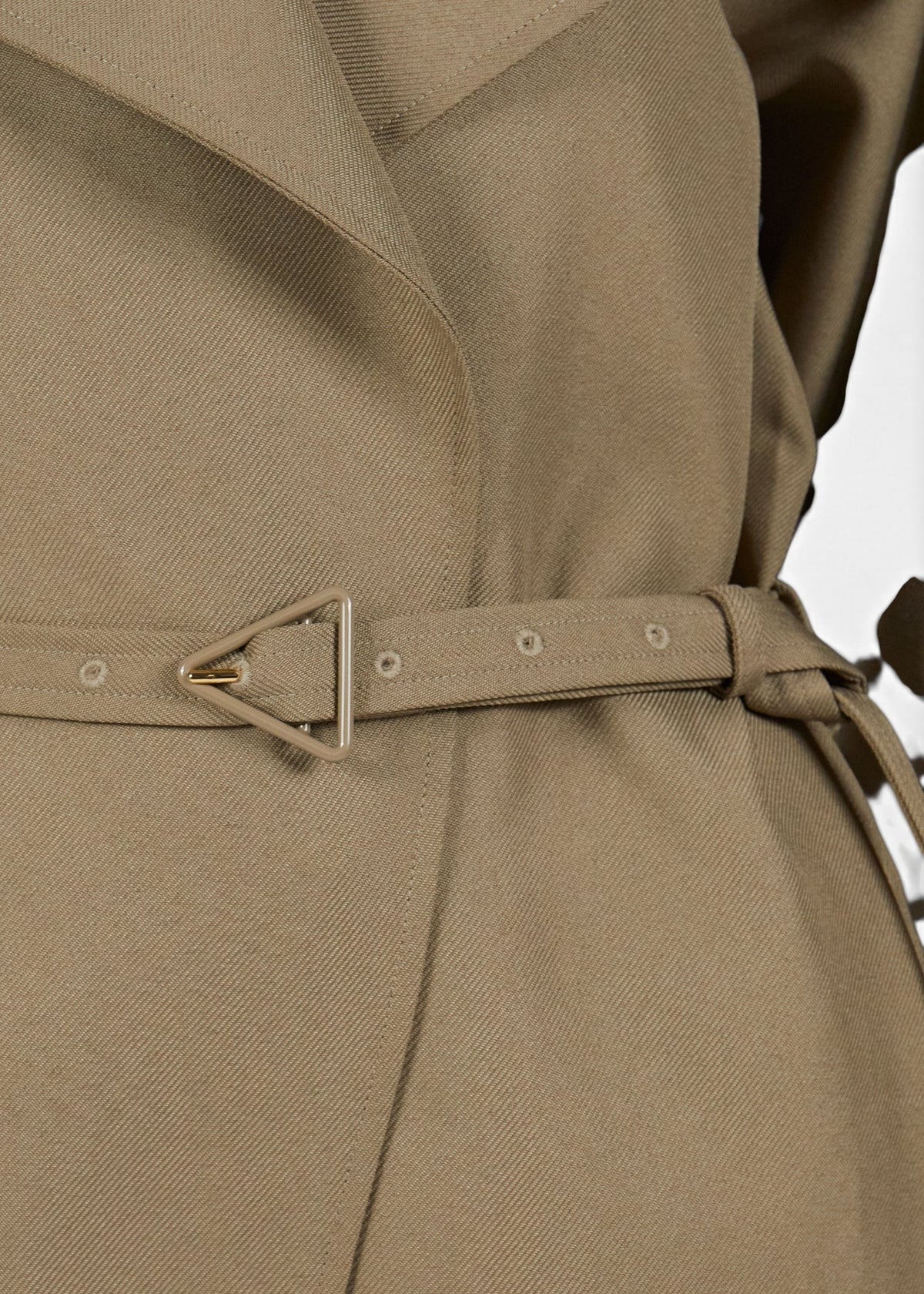 Lost Labels Bottega Veneta khaki polyester jumpsuit featuring a distinctive triangular buckle belt detail