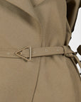 Lost Labels Bottega Veneta khaki polyester jumpsuit featuring a distinctive triangular buckle belt detail