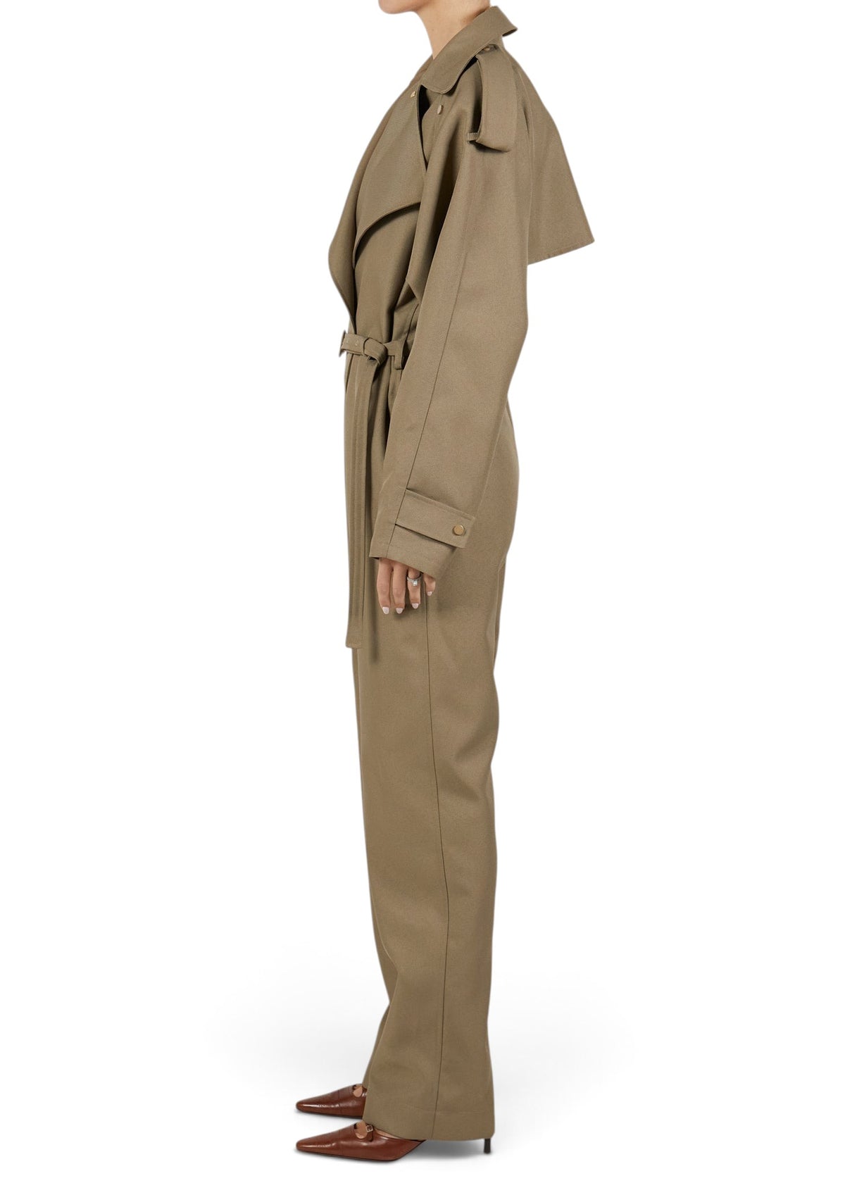 Lost Labels Bottega Veneta khaki polyester jumpsuit with trench-style collar and belted waist, side view