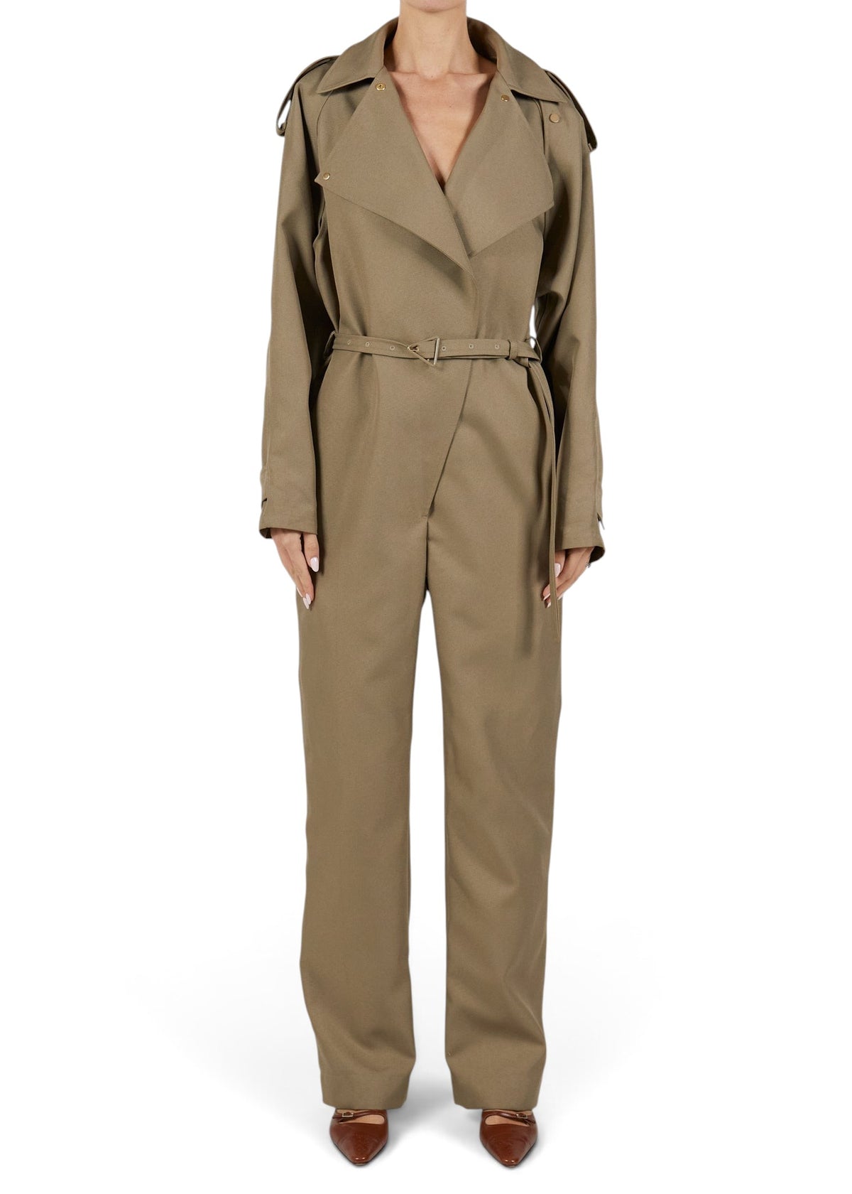 Lost Labels Bottega Veneta khaki polyester jumpsuit with trench-style lapels and a belted waist