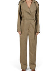 Lost Labels Bottega Veneta khaki polyester jumpsuit with trench-style lapels and a belted waist