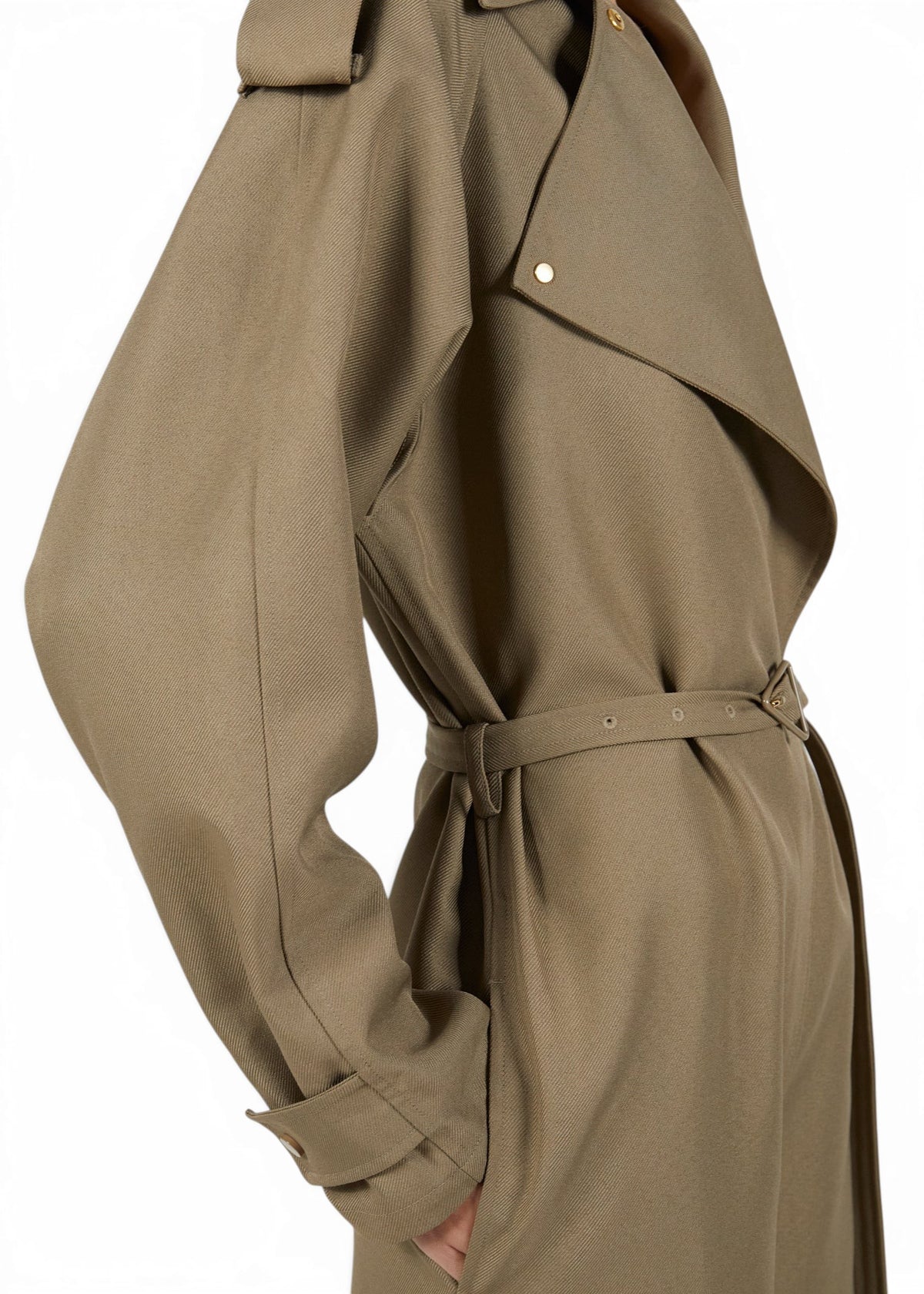 Lost Labels Bottega Veneta khaki polyester jumpsuit with trench-style lapels, belted waist, and gold button detail.