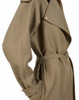 Lost Labels Bottega Veneta khaki polyester jumpsuit with trench-style lapels, belted waist, and gold button detail.