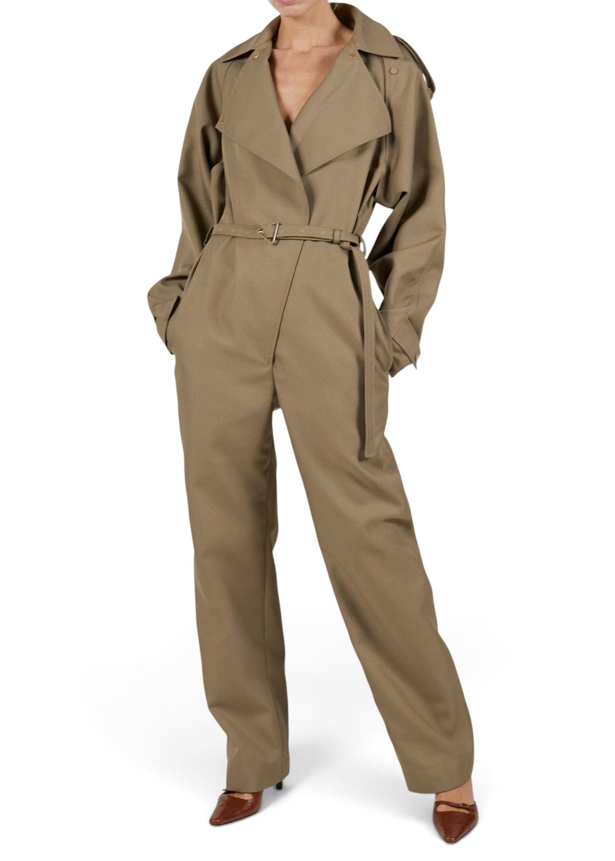 Lost Labels Bottega Veneta khaki polyester jumpsuit with trench-style lapels and a belted waist on a model