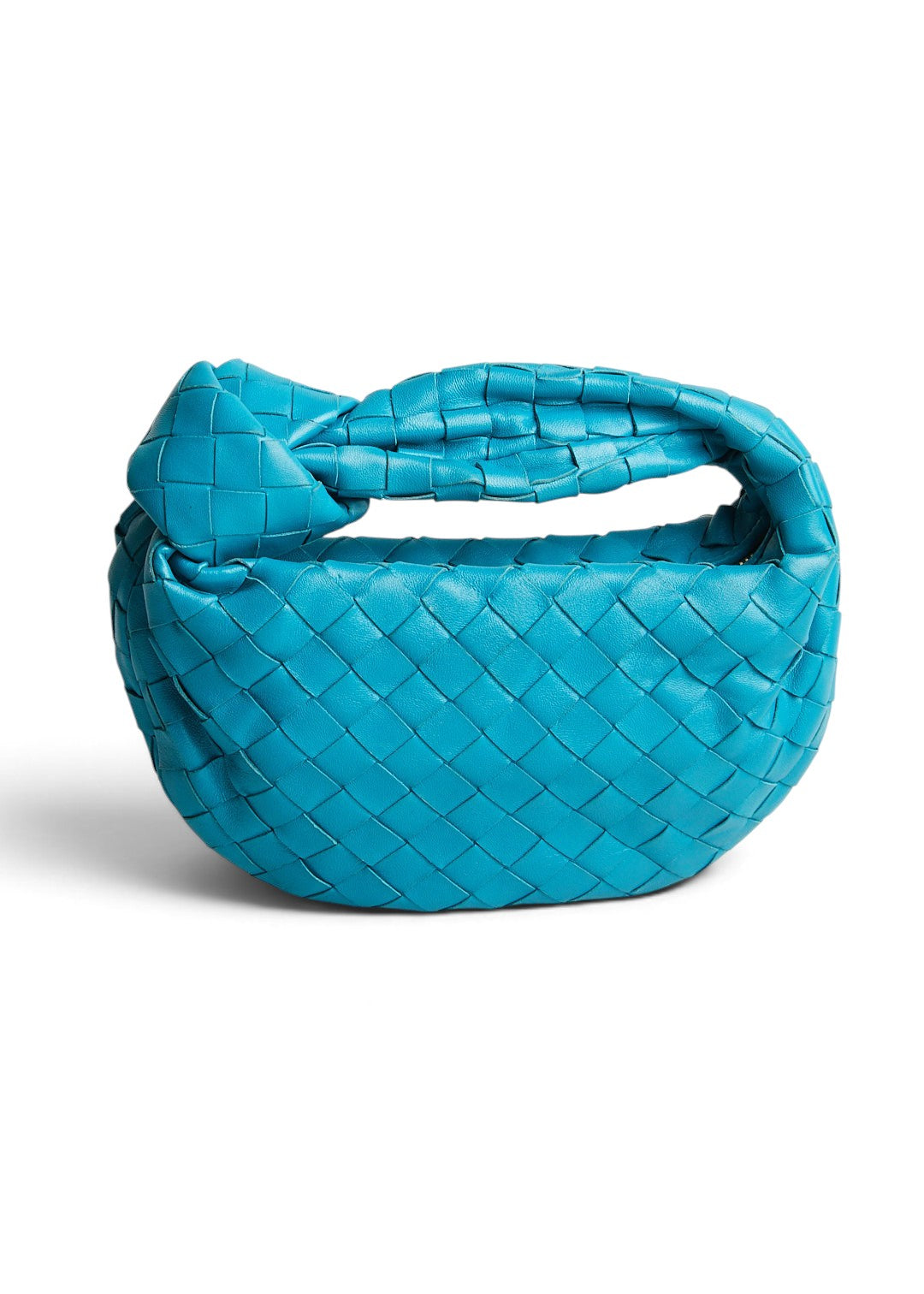 Lost Labels Bottega Veneta Mini Jodie handbag in vibrant turquoise woven lambskin leather with a signature knot handle.