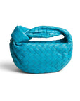 Lost Labels Bottega Veneta Mini Jodie handbag in vibrant turquoise woven lambskin leather with a signature knot handle.