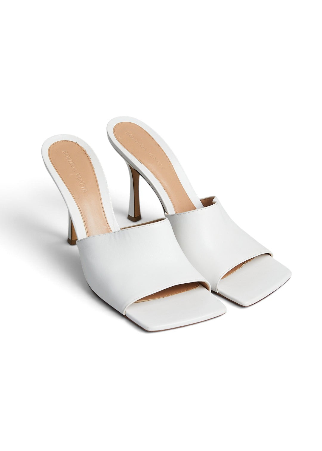 Lost Labels Bottega Veneta white leather square-toe mule heels with sculpted stiletto heels