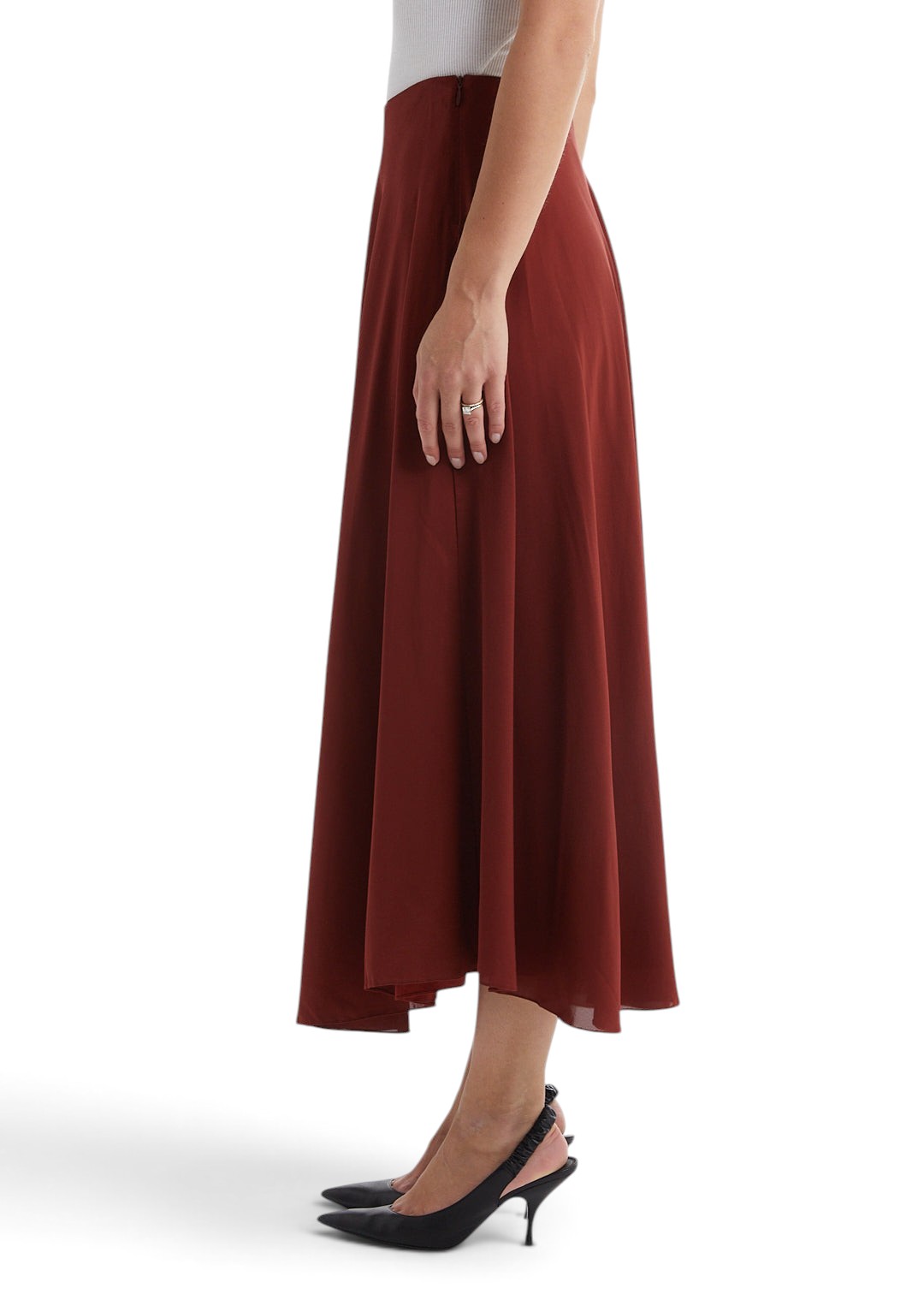 Lost Labels burgundy midi skirt by The Row featuring a fluid A-line silhouette and side view on a model