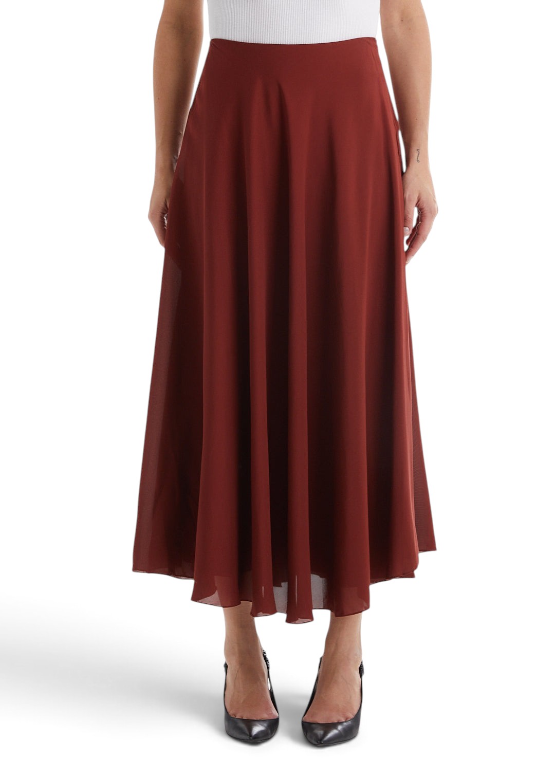 Lost Labels The Row burgundy midi skirt with a fluid A-line silhouette and structured waistband on a model