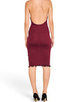 Lost Labels Bottega Veneta burgundy ribbed halter-neck midi dress with a backless design and lettuce-edge hem.