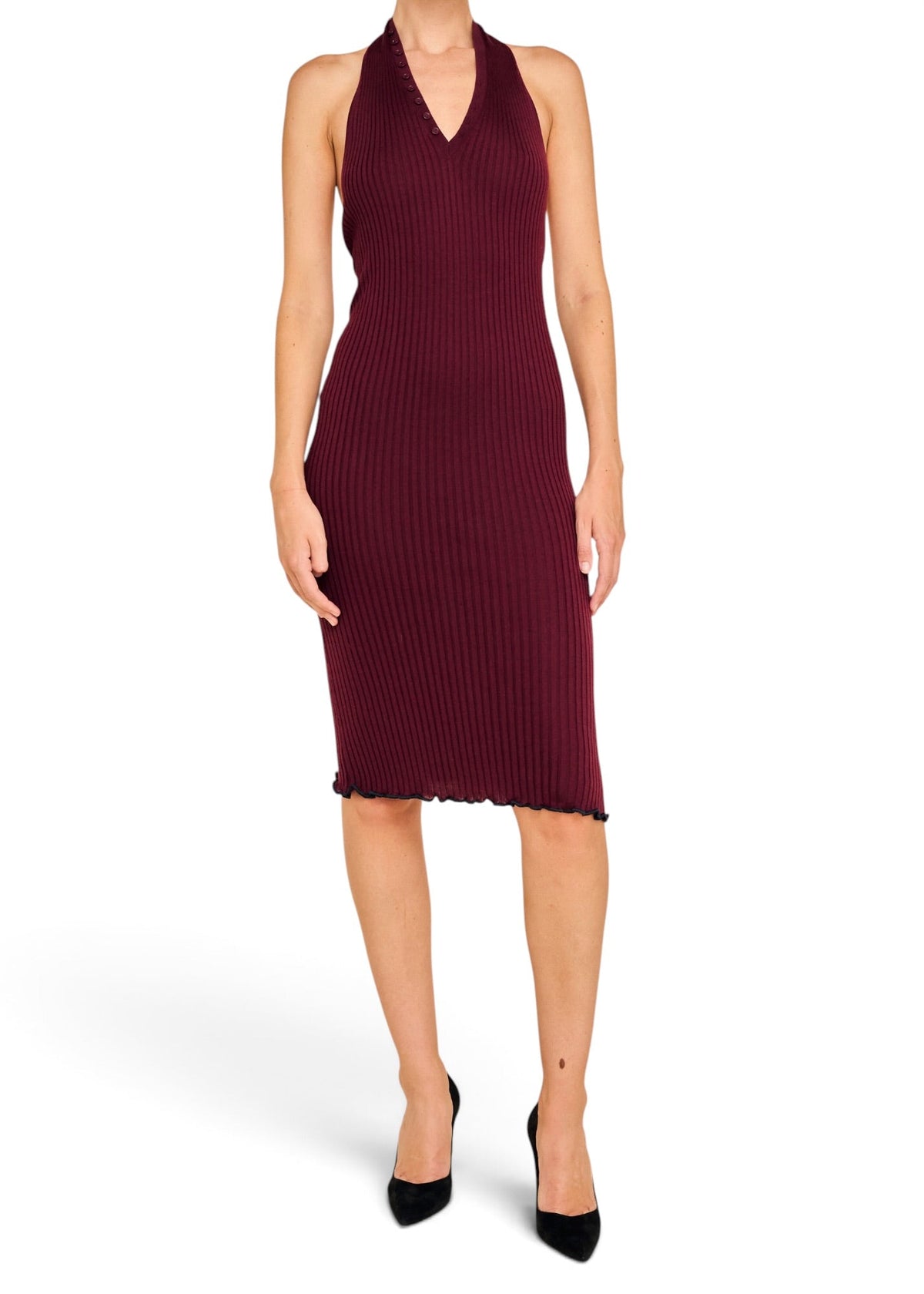 Lost Labels Bottega Veneta burgundy ribbed halter-neck midi dress with a fitted silhouette and lettuce-edge hem.
