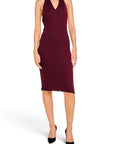 Lost Labels Bottega Veneta burgundy ribbed halter-neck midi dress with a fitted silhouette and lettuce-edge hem.
