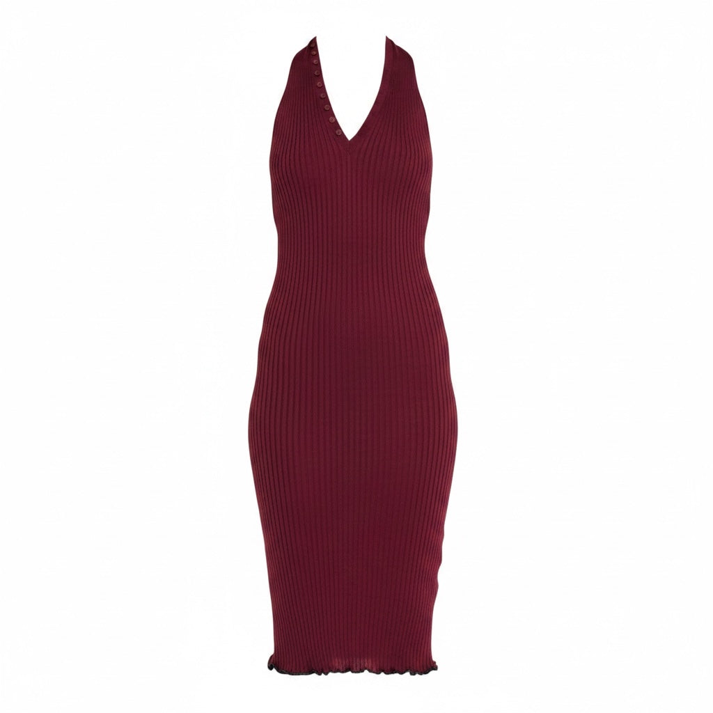 Lost Labels Bottega Veneta burgundy ribbed halter-neck midi dress with a fitted silhouette and lettuce-edge hem.