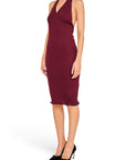 Lost Labels Bottega Veneta burgundy ribbed halter-neck midi dress with a fitted silhouette and lettuce-edge hem.