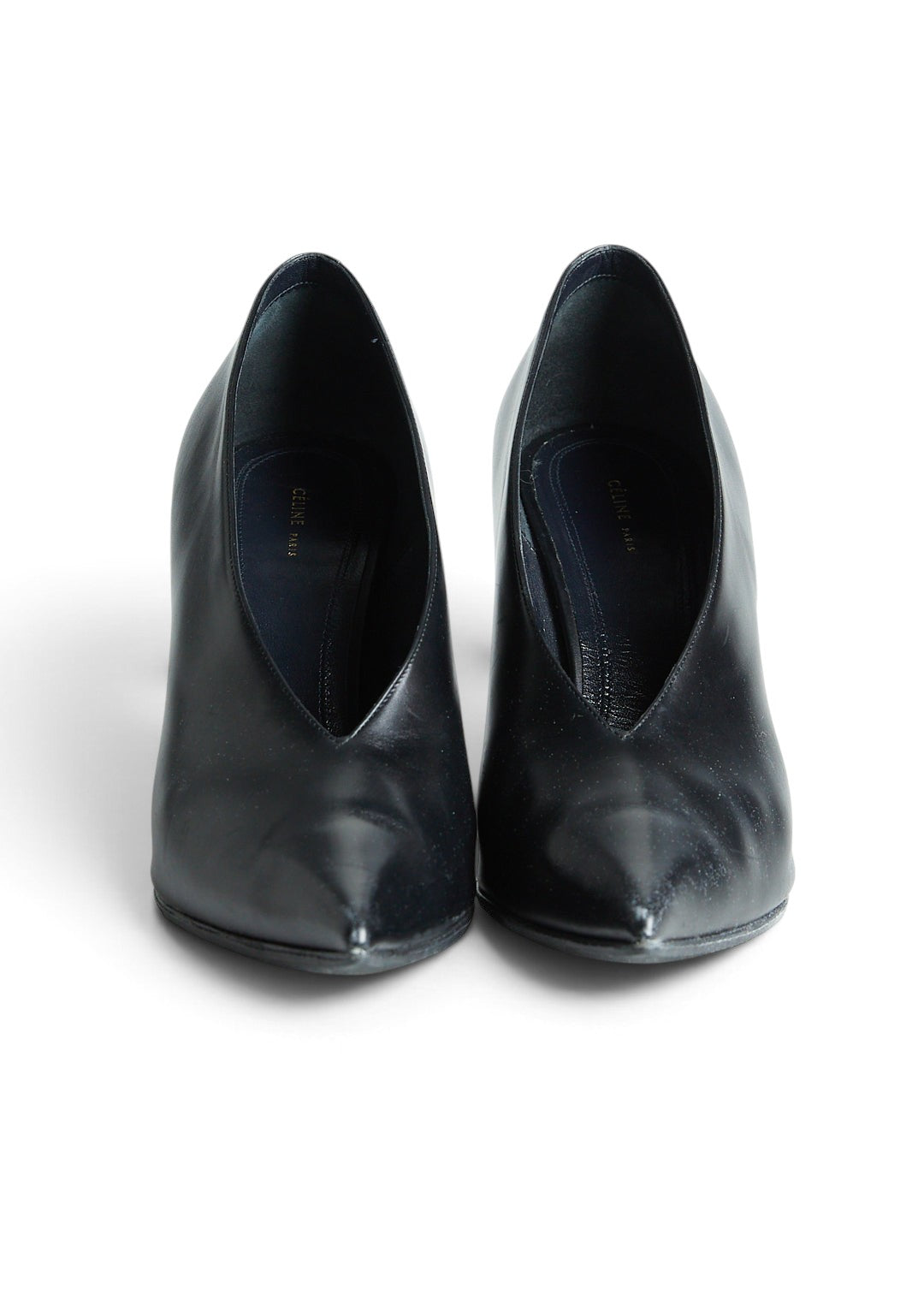 Lost Labels Celine black leather pointed-toe pumps with a deep V-cut vamp and stiletto heel.