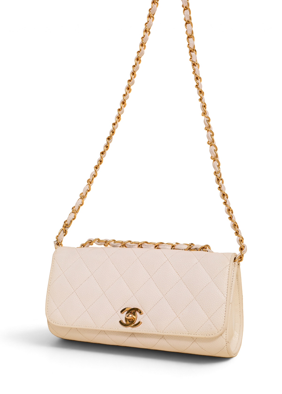 Lost Labels Chanel quilted beige leather handbag with gold chain strap and iconic CC turn-lock closure