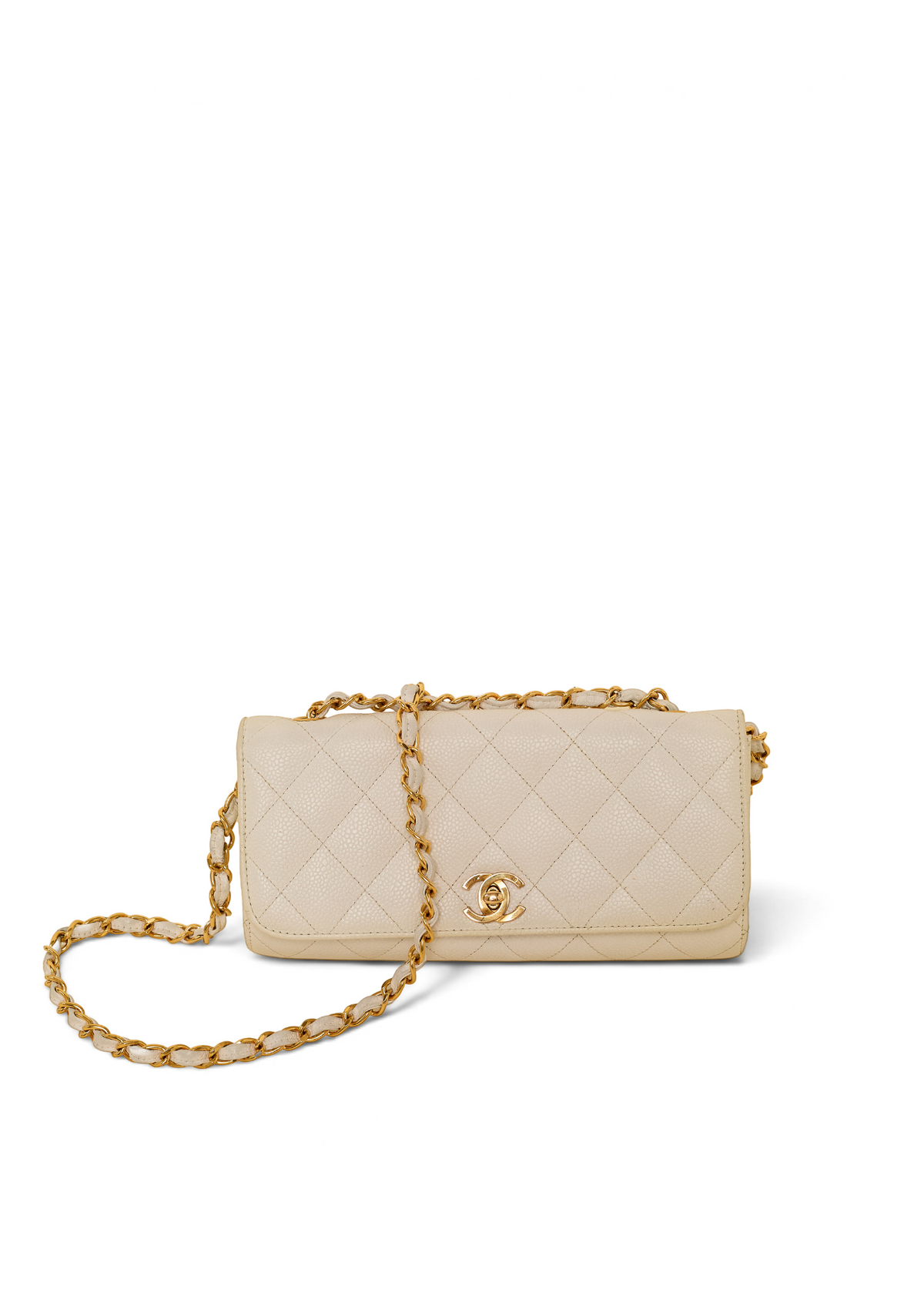 Lost Labels Chanel quilted beige caviar leather shoulder bag with gold chain strap and iconic CC turn-lock closure.