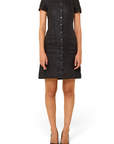 Lost Labels Chanel black linen midi dress with short sleeves, front button closure, and patch pockets.