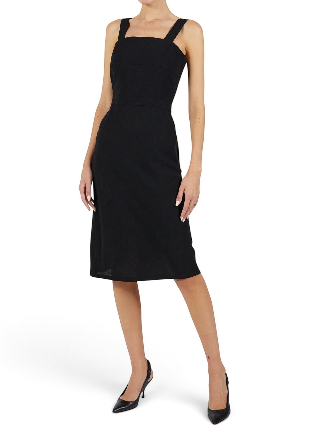 Lost Labels Chanel Boutique black midi wrap dress with a tailored silhouette and thick straps on a model