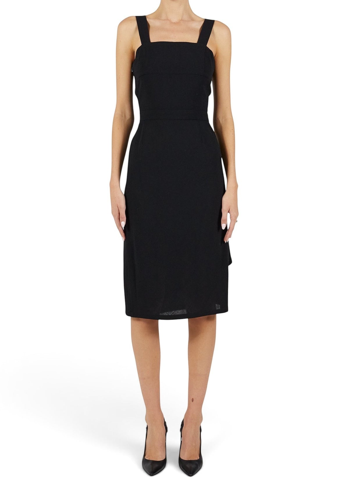 Lost Labels Chanel Boutique black midi wrap dress with a tailored silhouette worn by a model on a white background