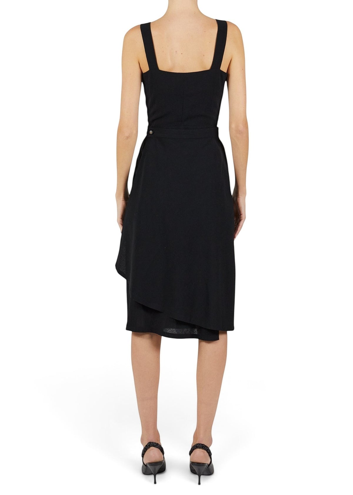 Lost Labels Chanel Boutique black midi wrap dress with a tailored silhouette, back view on a model.
