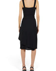 Lost Labels Chanel Boutique black midi wrap dress with a tailored silhouette, back view on a model.