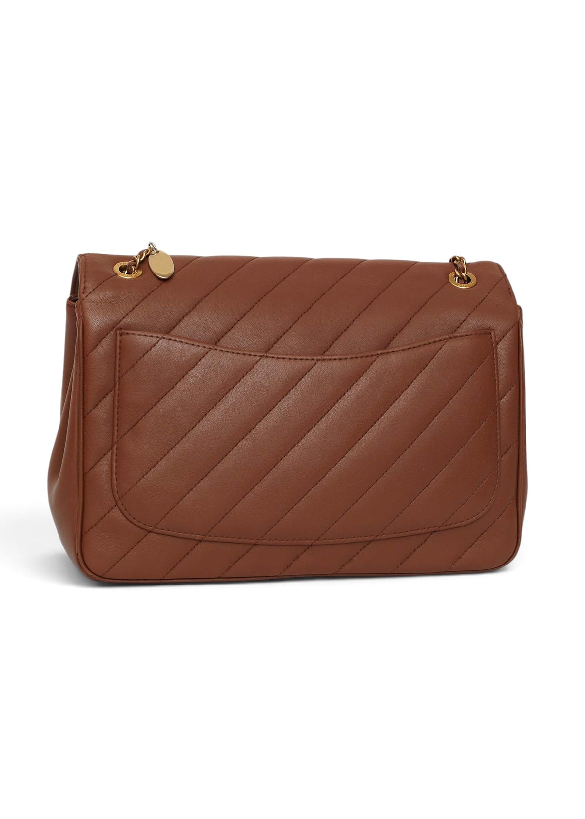 Lost Labels brown leather Chanel flap bag featuring diagonal quilting and gold chain strap, back view.