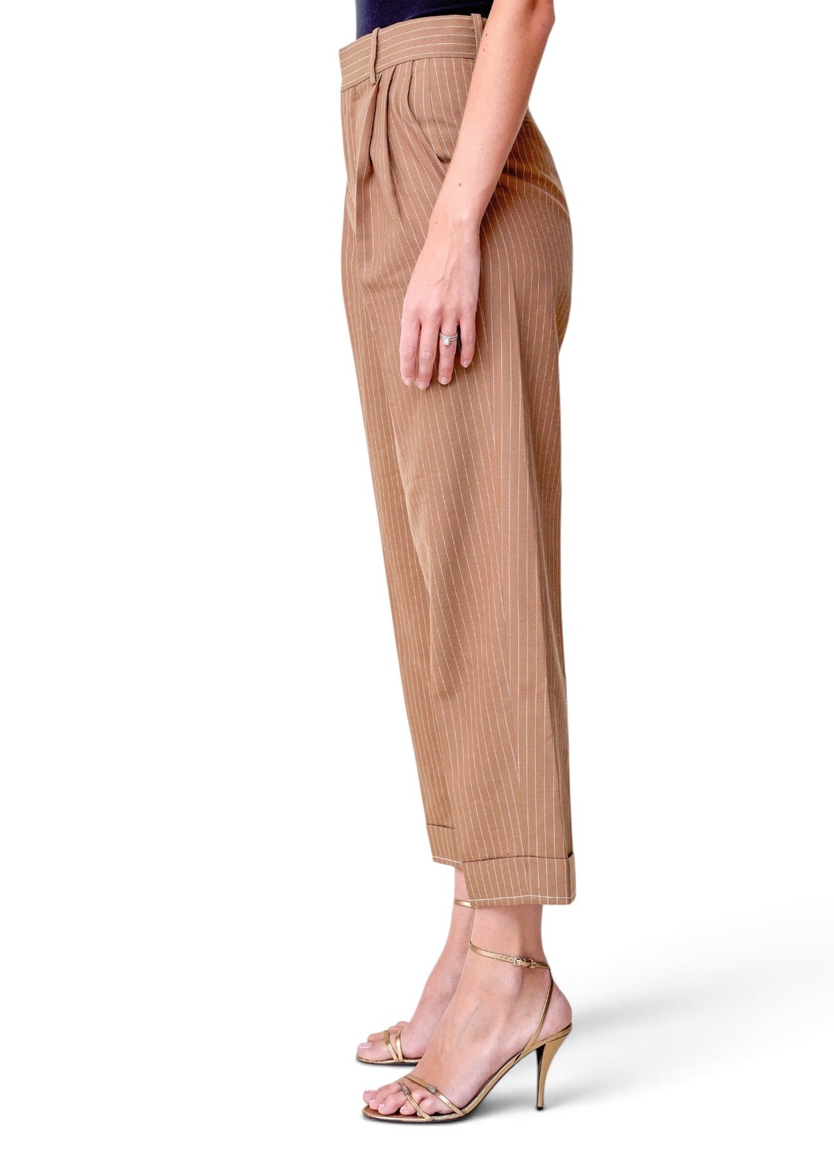 Lost Labels Chloé tailored trousers in tan with white pinstripes, featuring a high-waisted fit and cuffed hems.