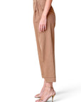 Lost Labels Chloé tailored trousers in tan with white pinstripes, featuring a high-waisted fit and cuffed hems.