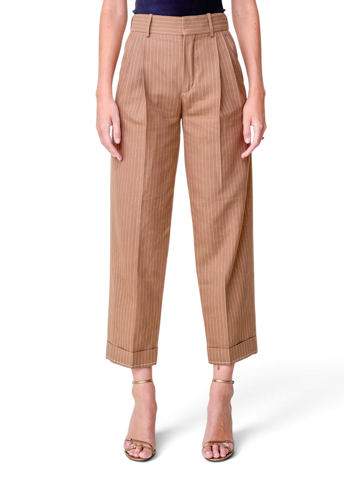 Lost Labels Chloé tailored brown pinstripe trousers with a high waist, pleated front, and cuffed hems.