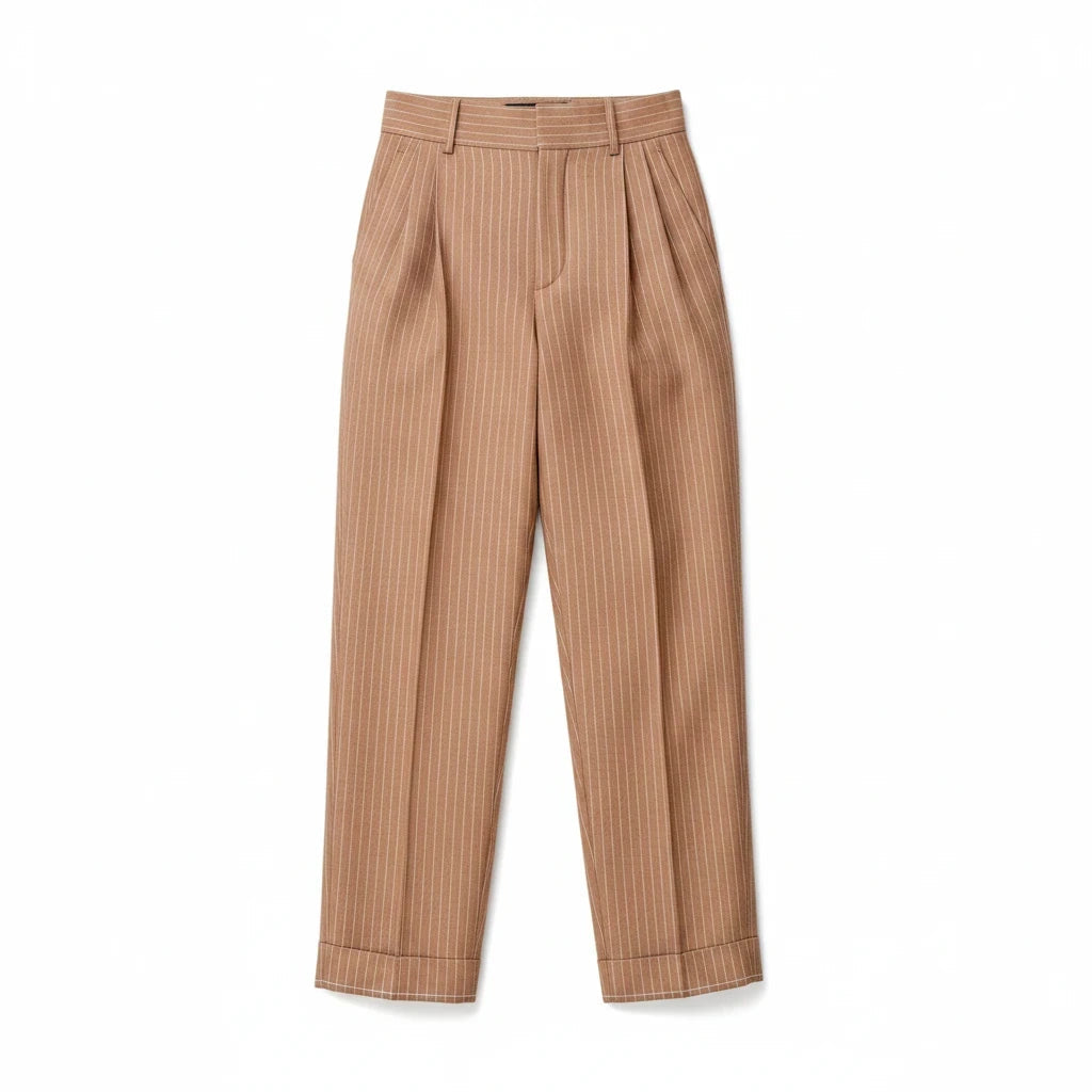 Lost Labels Chloé tailored trousers in tan with white pinstripes, featuring a high-waisted pleated design.