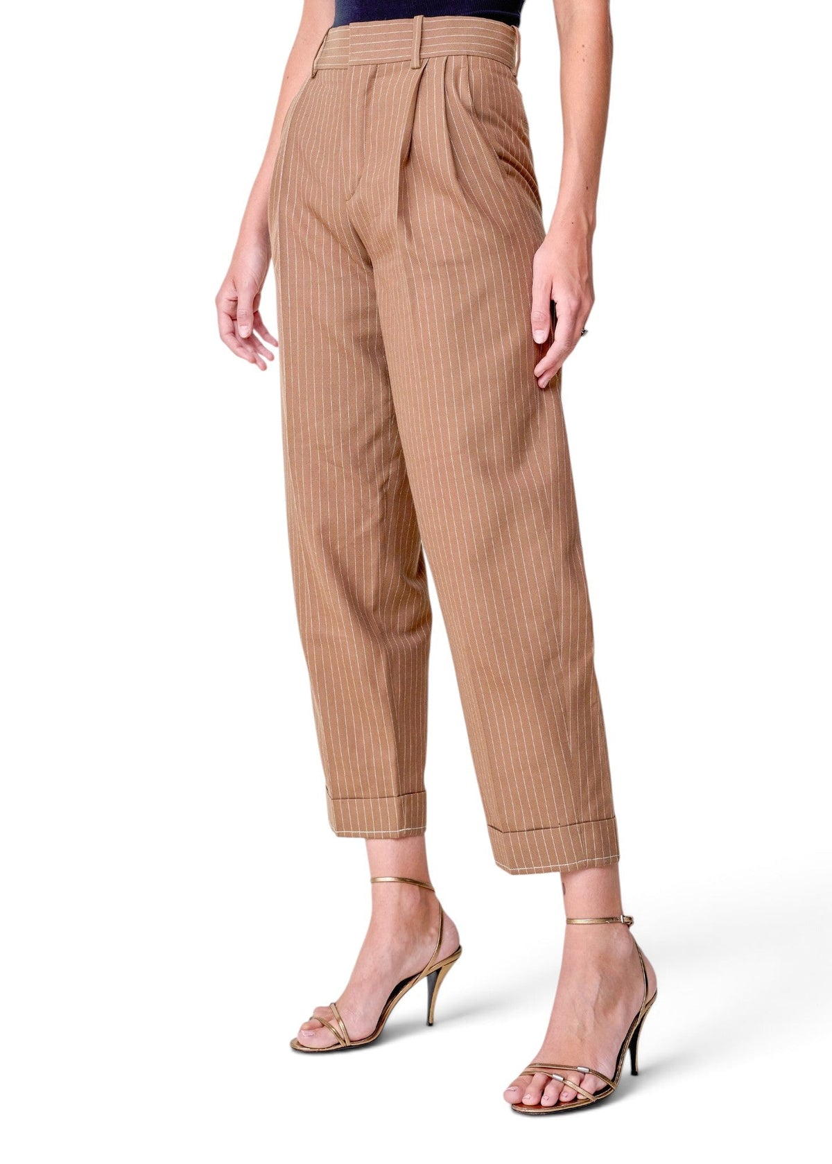 Lost Labels Chloé tailored trousers in tan pinstripe fabric with a high-waisted pleated design and cuffed hem.