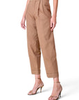 Lost Labels Chloé tailored trousers in tan pinstripe fabric with a high-waisted pleated design and cuffed hem.