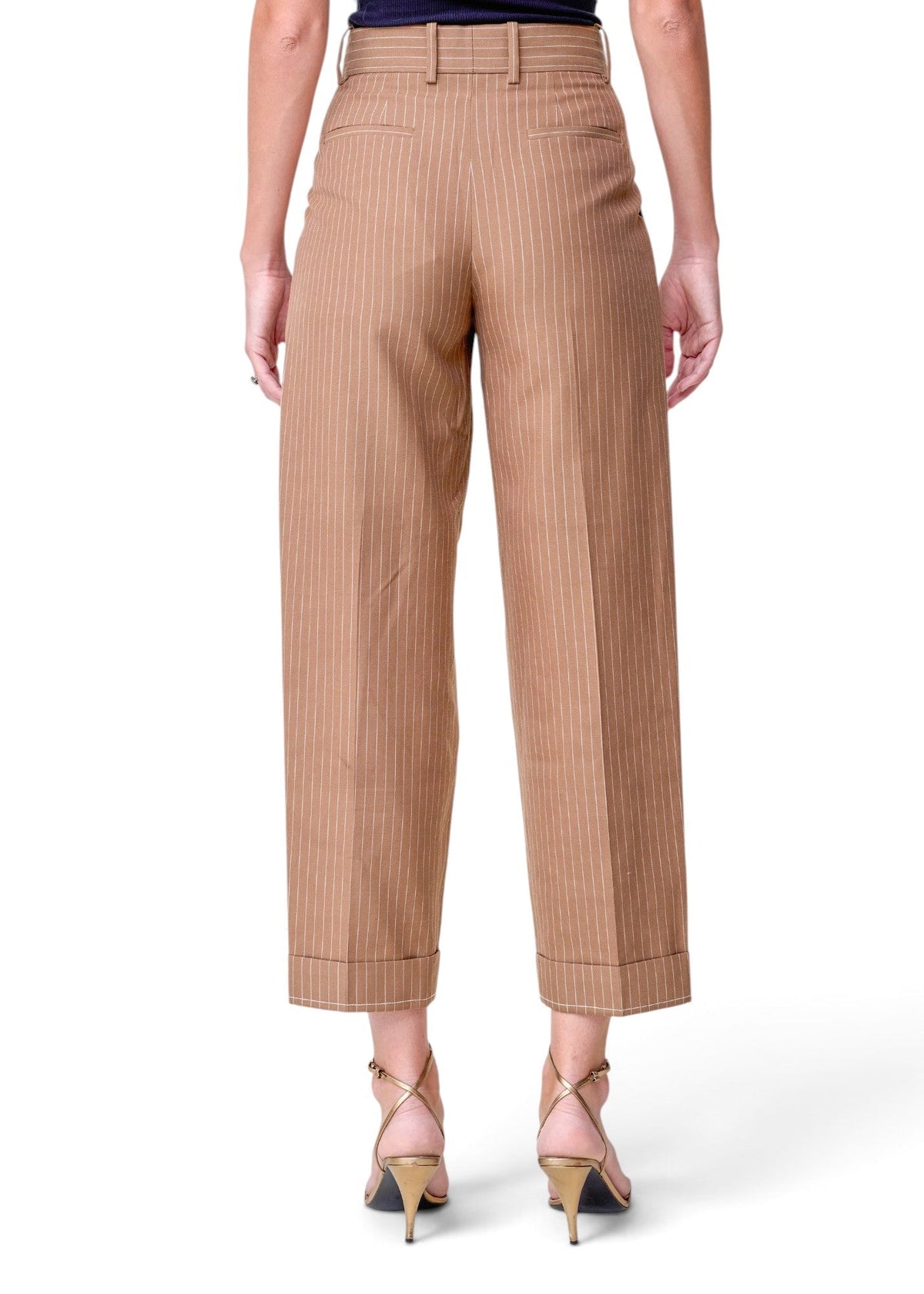 Lost Labels Chloé tailored trousers in tan with white pinstripes, featuring a cuffed hem and back view.