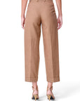 Lost Labels Chloé tailored trousers in tan with white pinstripes, featuring a cuffed hem and back view.