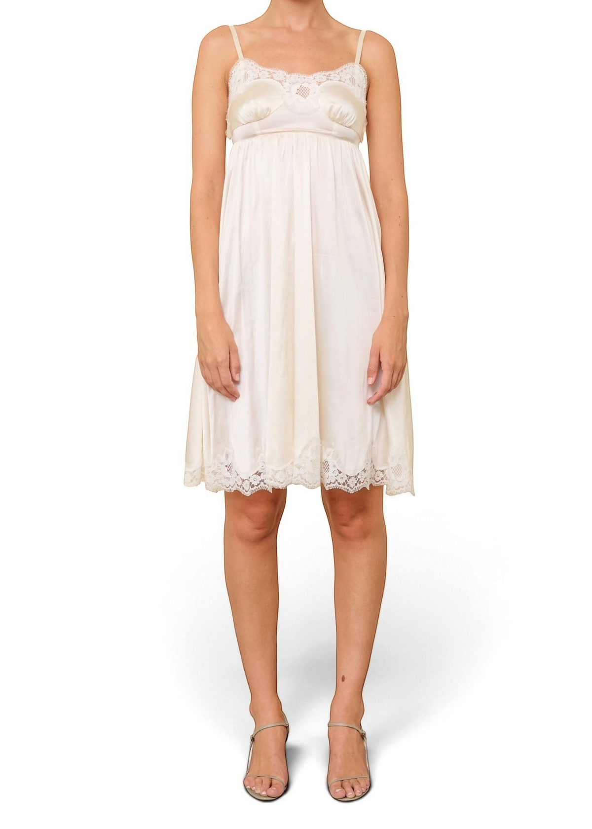 Lost Labels Christian Dior mid-length cream silk dress with delicate lace trim on the bodice and hem