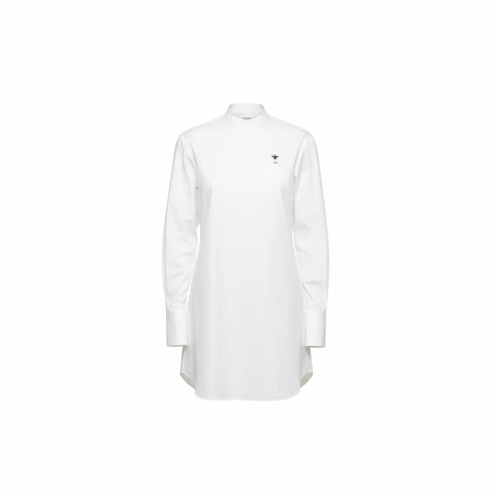 Lost Labels white Christian Dior long-sleeve cotton dress featuring a high collar and signature bee embroidery.
