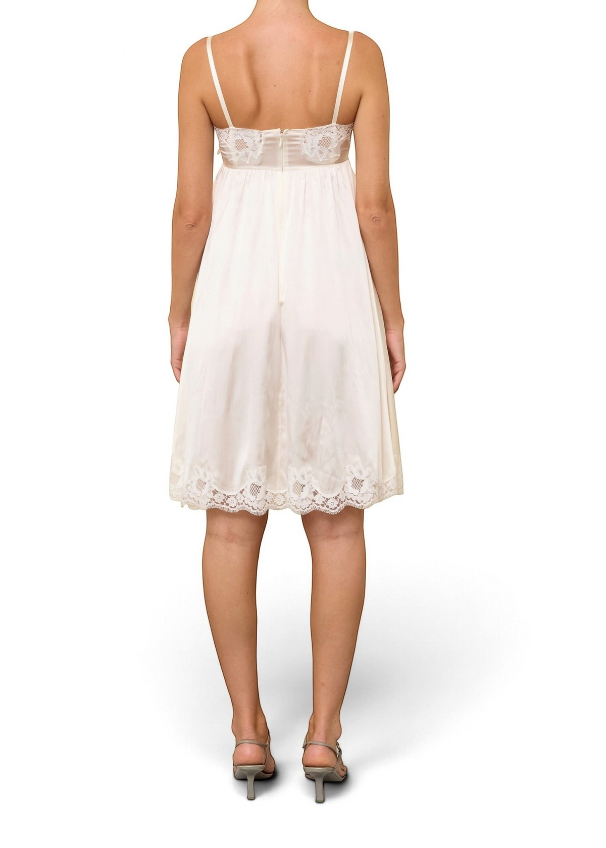 Lost Labels Christian Dior white silk mid-length dress with delicate lace trim worn by a model from the back view.