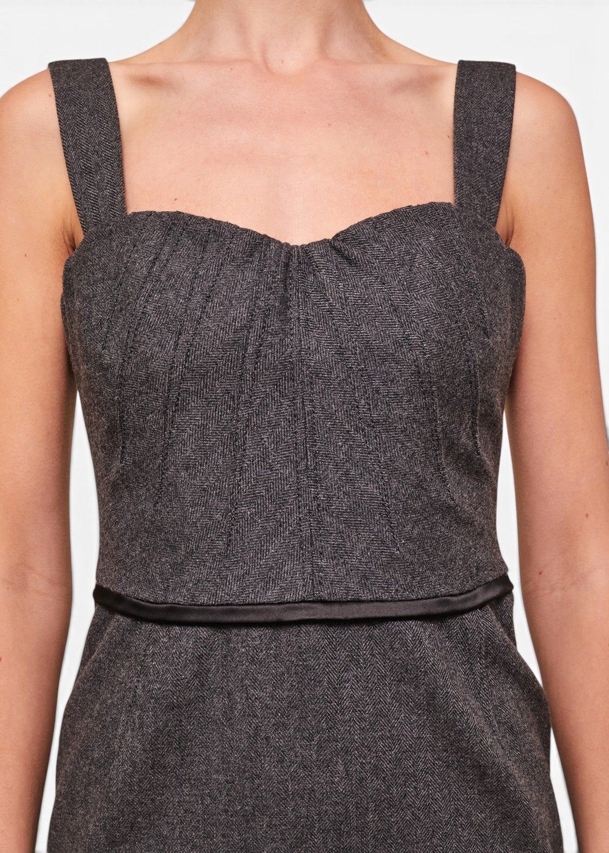 Lost Labels Dolce & Gabbana gray wool dress featuring a tailored bodice with a herringbone pattern and wide straps.