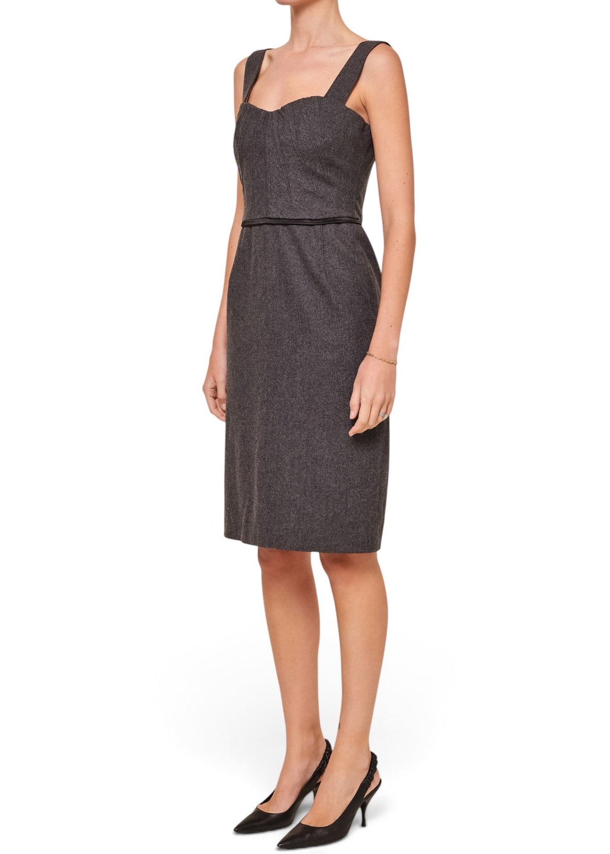 Lost Labels Dolce & Gabbana gray wool tailored sheath dress with a sweetheart neckline and slim waist detail.