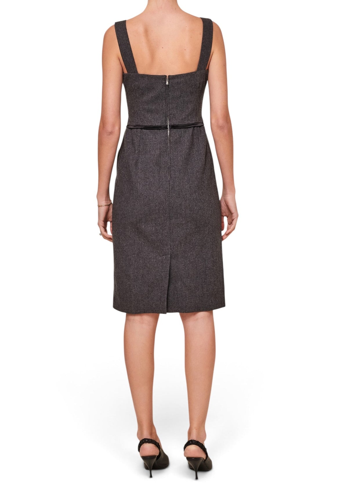 Lost Labels Dolce & Gabbana gray wool sleeveless tailored dress, back view showing zip closure and knee-length hem.