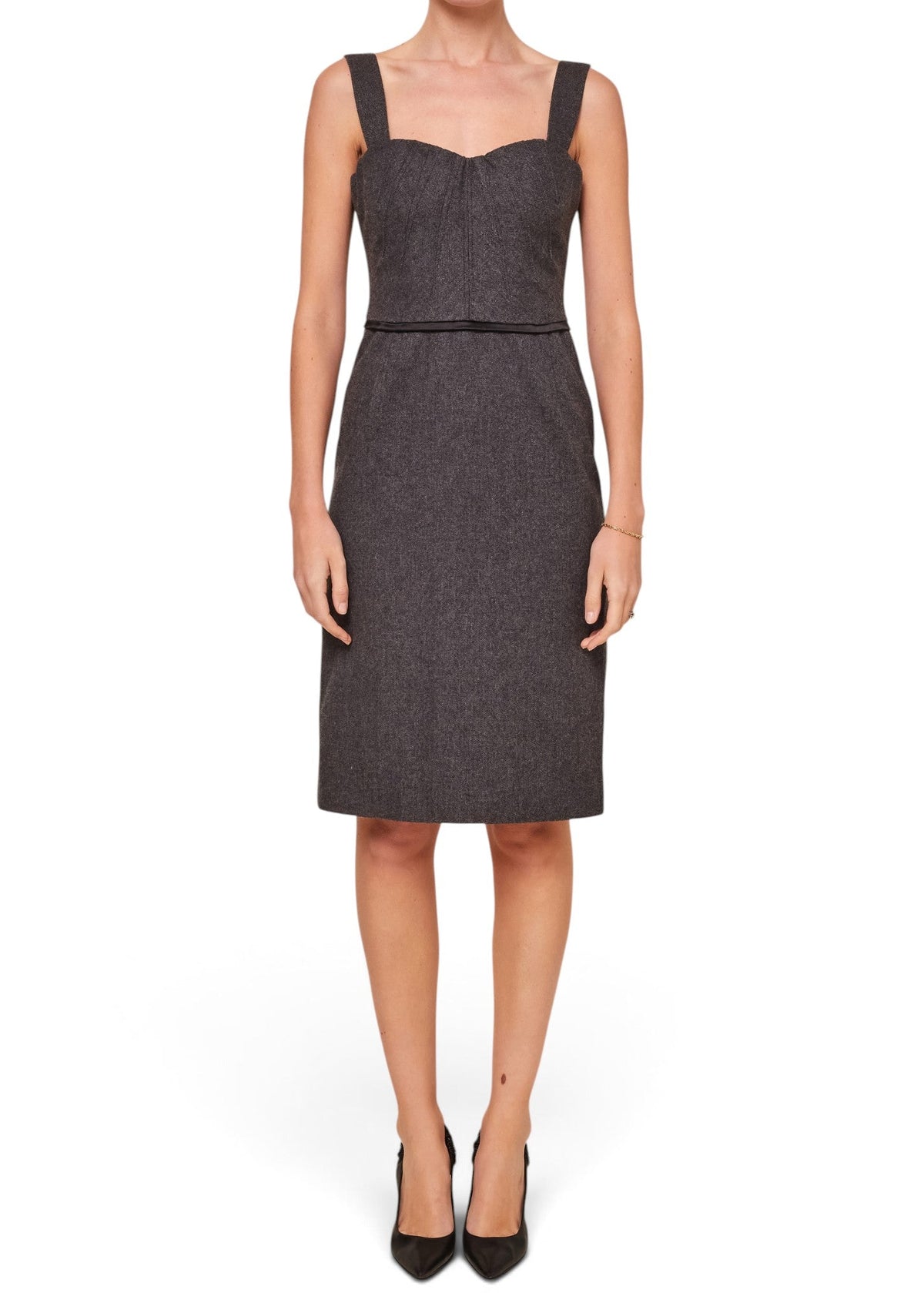 Lost Labels Dolce & Gabbana gray wool tailored dress with thick straps and a fitted silhouette on a model