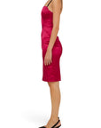 Lost Labels Dolce & Gabbana bright pink satin bustier midi dress with black straps, side view on model