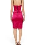 Back view of a Lost Labels Dolce & Gabbana bright pink bustier midi dress with black straps and a central back zipper.