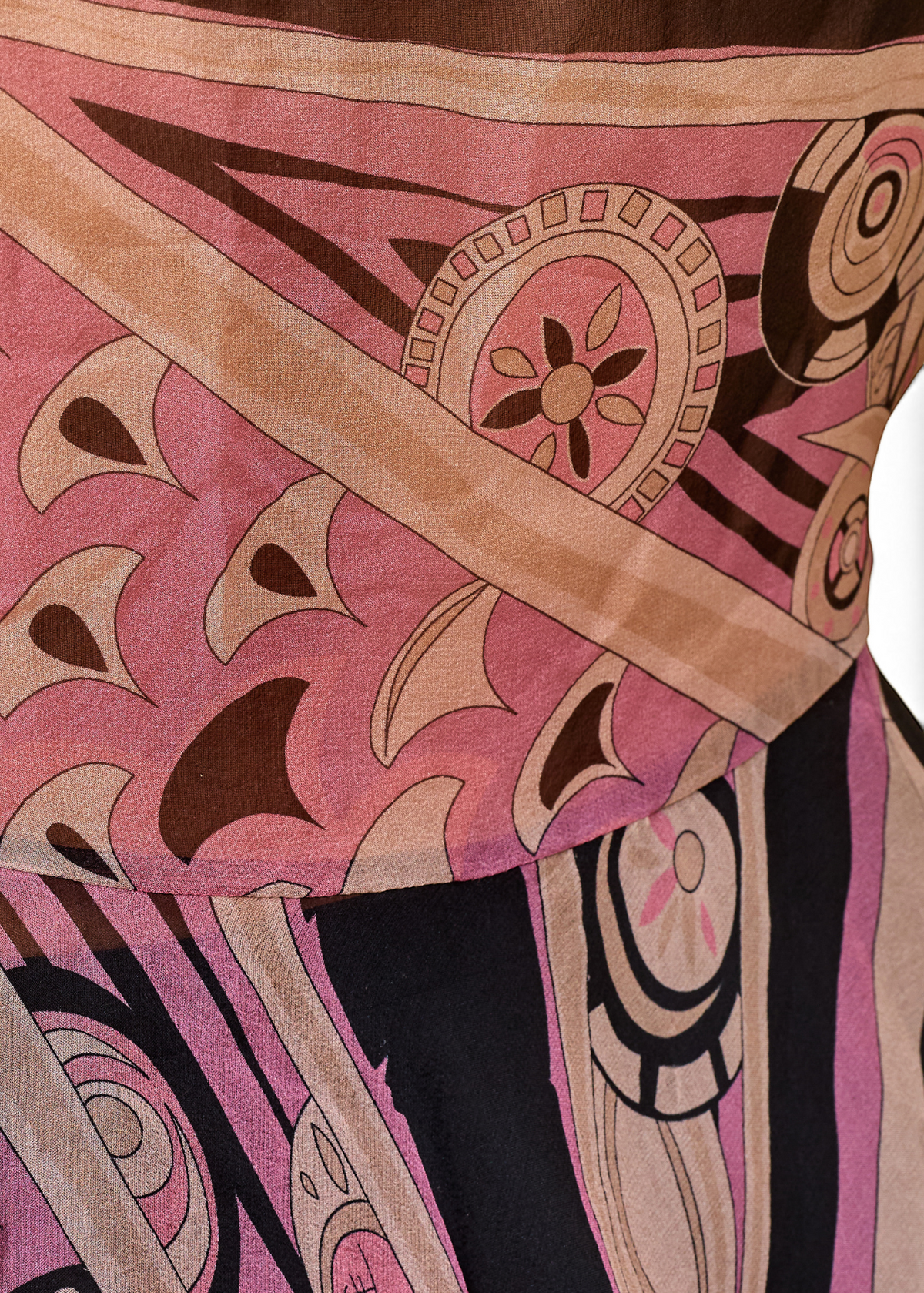 Lost Labels vintage Emilio Pucci silk top featuring a vibrant pink, brown, and black geometric heritage print