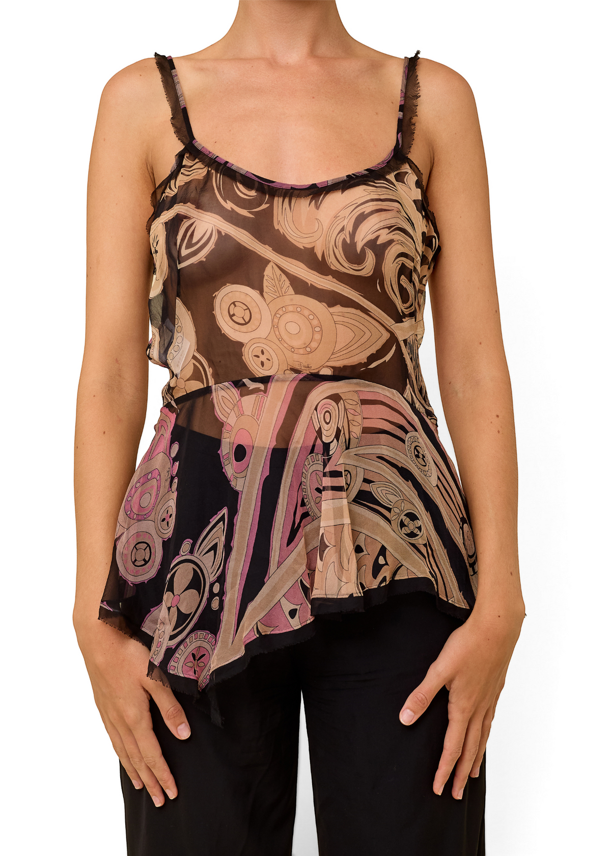 Lost Labels vintage Emilio Pucci silk camisole top featuring a vibrant 2000s abstract print and sheer fabric.